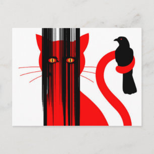 Rode kat en zwarte vogel briefkaart