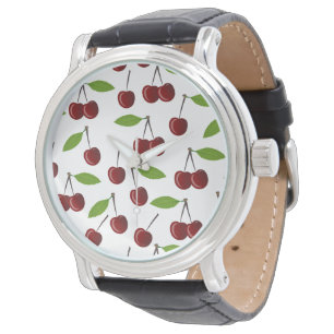 Rode kers, patroon van kersen, bladeren, fruit horloge
