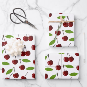Rode Kers, Patroon Van Kersen, Bladeren, Fruit Inpakpapier Vel