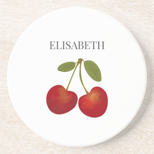 Rode kersen fruit gepersonaliseerde naam zandsteen onderzetter (Voorkant)