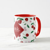 Rode Kersen Groen & Kersenbloesems Monogram Mok (Voorkant rechts)