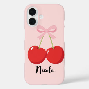 Rode kersen met roze strik Coquette Cottage Chic iPhone 16 Hoesje