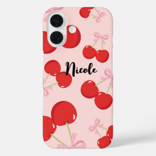 Rode kersen met roze strik Coquette Cottage Chic iPhone 16 Hoesje