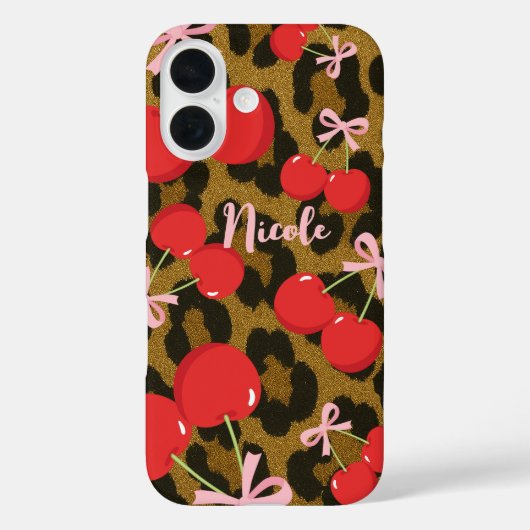 Rode kersen met roze strik Coquette Leopard Print Case-Mate iPhone Case (Achterkant)