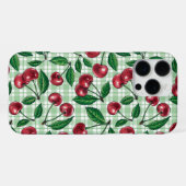Rode kersen op lichtgroene gingham iPhone hoesje (Achterkant horizontaal)