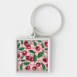 Rode kersen op roze geruit sleutelhanger
