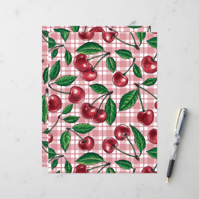 Rode kersen op roze gingham (Voorkant / Achterkant in situ)