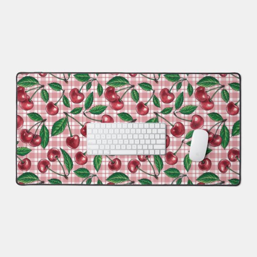 Rode kersen op roze gingham bureaumat (Keyboard & Muis)