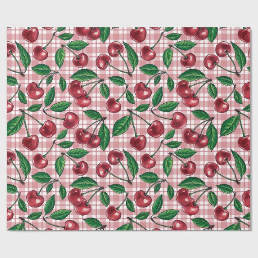 Rode kersen op roze gingham cadeaupapier (Vlak)
