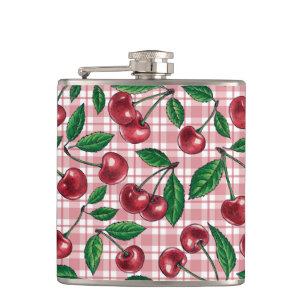 Rode kersen op roze gingham heupfles