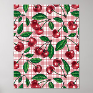 Rode kersen op roze gingham poster