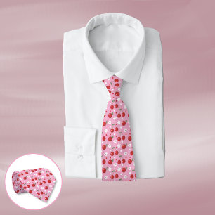 Rode Kersen Witte Bloem Patroon Roze Stropdas