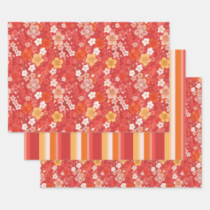 Rode Kersenbloesem Bloomscape en Stripes Inpakpapier Vel