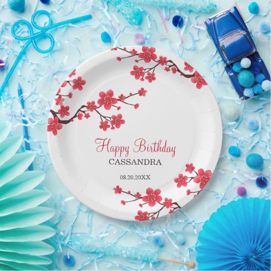 Rode Kersenbloesem Sakura Bloemen Verjaardag Papieren Bordje (Feest)