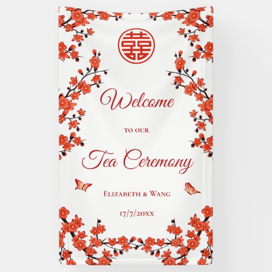 Rode Kersenbloesem Witte Thee Ceremonie Spandoek (Verticaal)