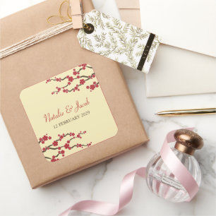 Rode Kersenbloesems Sakura Aziatische bruiloft gun Vierkante Sticker