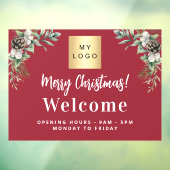 Rode kerst bedrijfslogo openingsuren raamsticker (Vel 3)