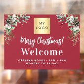 Rode kerst bedrijfslogo openingsuren raamsticker (Vel 2)