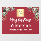 Rode kerst bedrijfslogo openingsuren raamsticker (Vel)