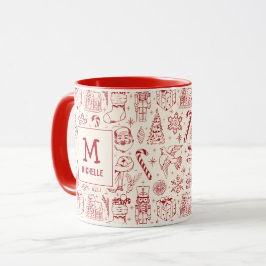 Rode Kerst Doodle Monogram en Naam Mok (Voorkant links)