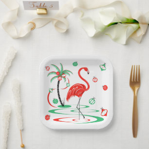 Rode Kerst Flamingo Bellen vierkant Papieren Bordje