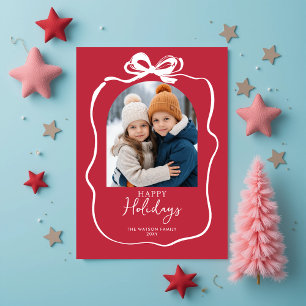Rode Kerst Foto Hand-Drawn Bow Ribbon Feestdagenkaart