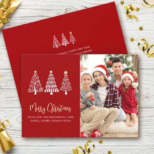 Rode Kerst Foto Whimsical Bomen Script Feestdagenkaart