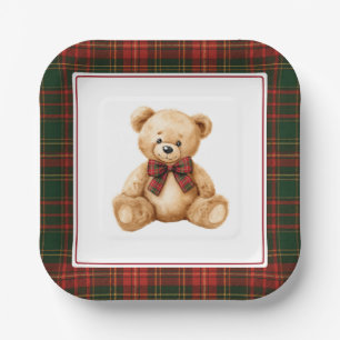 Rode Kerst Geruite Winter Teddybeer Babyshower Papieren Bordje
