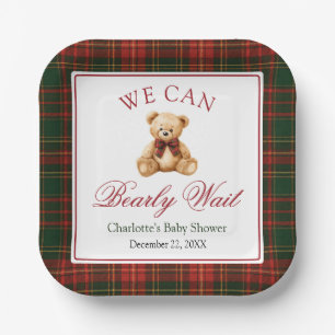 Rode Kerst Geruite Winter Teddydbeer Baby Shower Papieren Bordje