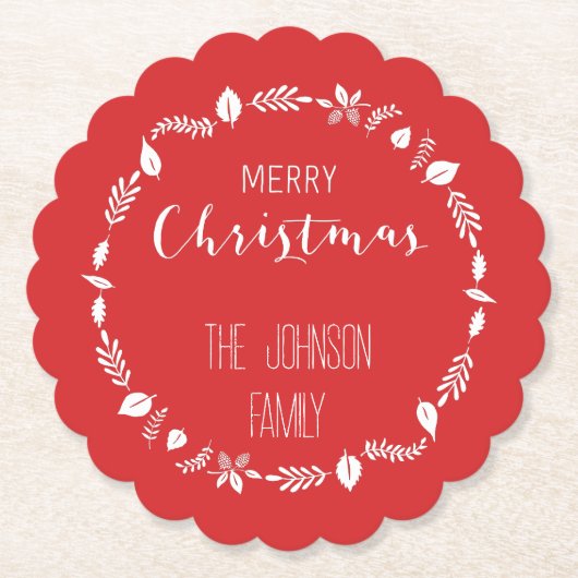 Rode Kerst met witte bladeren Decor Kartonnen Onderzetters (Voorkant)
