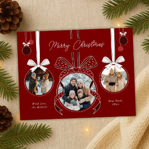 Rode Kerst Ornament Ball Ribbon Drie foto's Briefkaart