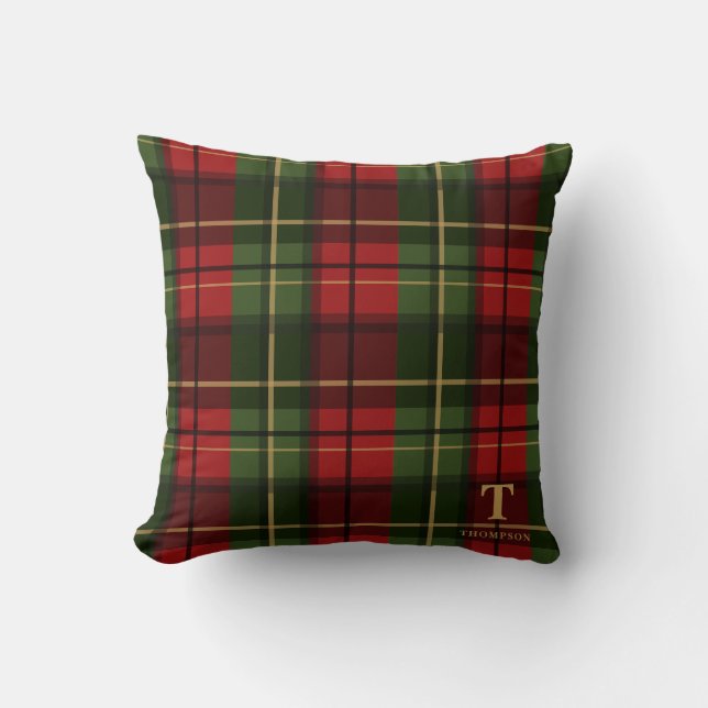 Rode Kerst Plaid Met Monogram En Achternaam Kussen (Voorkant)