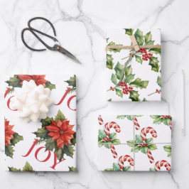 RODE KERST POINSETTIA, HOLLY, CANDY CANE INPAKPAPIER VEL