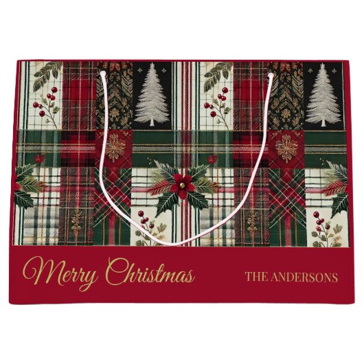 Rode Kerst Rustiek Geplaatst Traditioneel Patroon Groot Cadeauzakje (Voorkant)