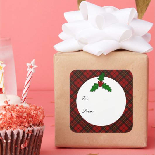 Rode kerst tartan Holly twig Jouw tekst Gift Label (Feest)