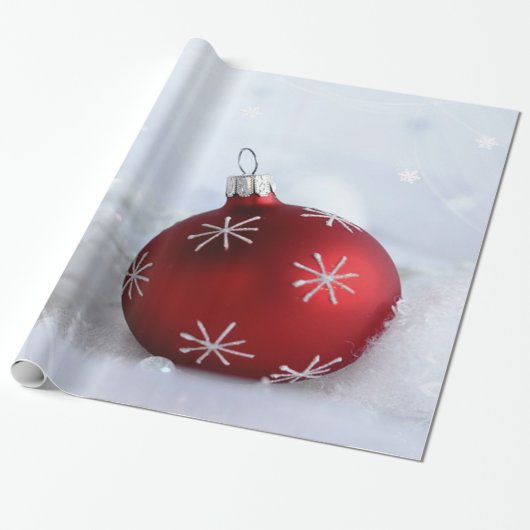 Rode kerstbal Snowflakes Cadeaupapier (Uitgerold)
