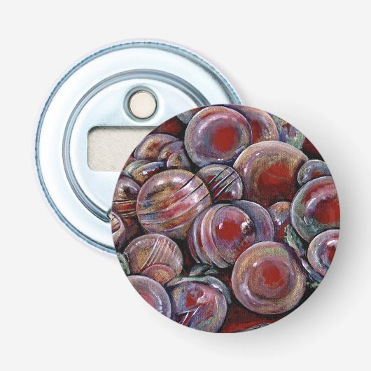 Rode kerstballen button flesopener (Voorkant)