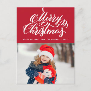 Rode Kerstbelettering Familie Foto Vakantie Kaart