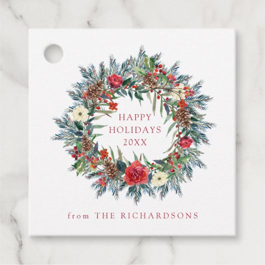 Rode Kerstbessen en dennenkrans Kraft Bedankjes Labels (Voorkant)