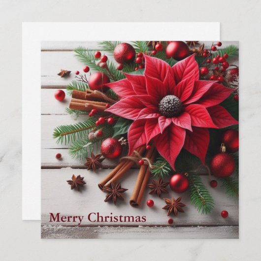 Rode kerstbloem op traditioneel wit hout feestdagenkaart (Voorkant / Achterkant)
