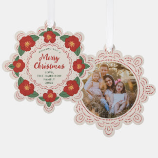 Rode Kerstbloemen Krans Papieren Ornament Kaart