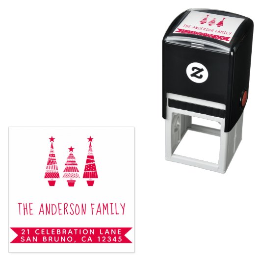 Rode Kerstbomen & Familienaam Retouradres Zelfinktende Stempel (In situ)