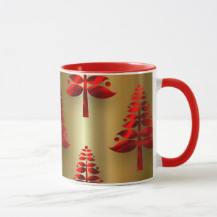 Rode kerstbomen op goud mok
