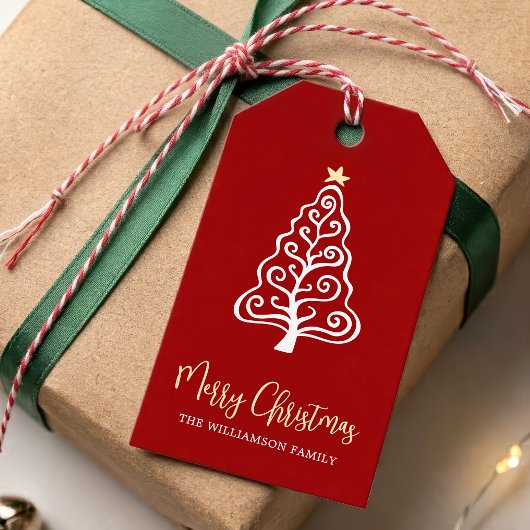 Rode Kerstboom Script Naam Whimsical Cadeaulabel