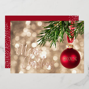 Rode kerstboomornament roze goud folie uitnodiging
