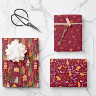 Rode Kerstbos Dorps Vogels Sneeuwvlokken Inpakpapier Vel
