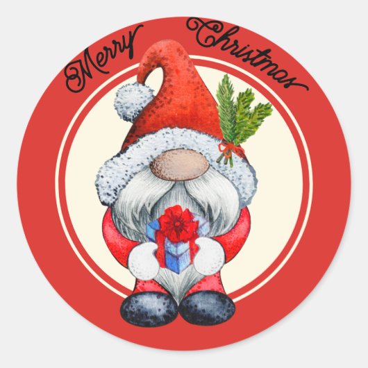Rode kerstgnoom ronde sticker (Voorkant)