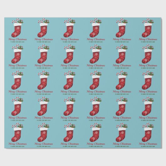 Rode kerstinslag op blauw met aangepaste tekst cadeaupapier (Vlak)