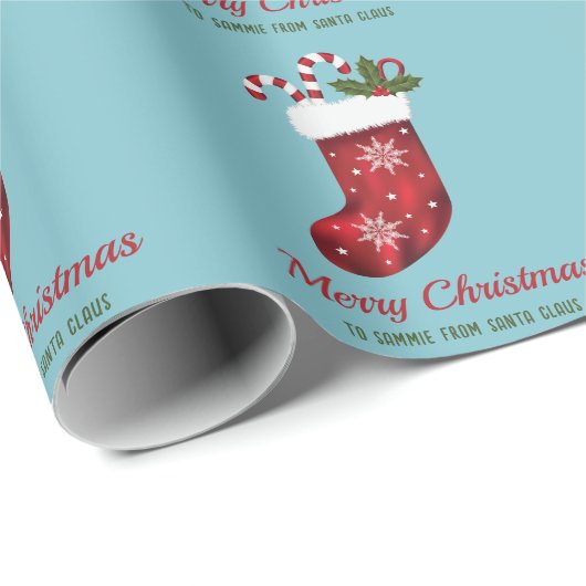 Rode kerstinslag op blauw met aangepaste tekst cadeaupapier (Rol Hoek)