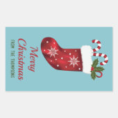 Rode kerstinslag op blauw met aangepaste tekst rechthoekige sticker (Voorkant)